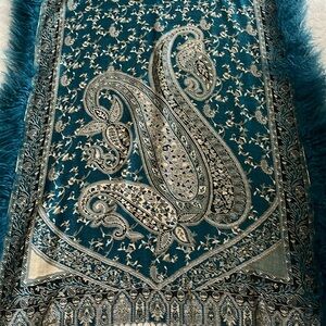 Paisley Designed Shawl  Wrap with Fur Fringe Turquoise
